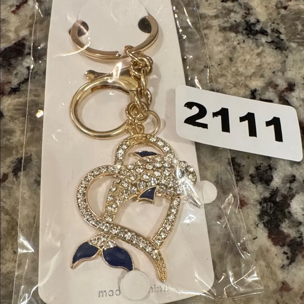 2111 Rhinestone Navy Blue Dolphin Key Ring, Bag Charm
